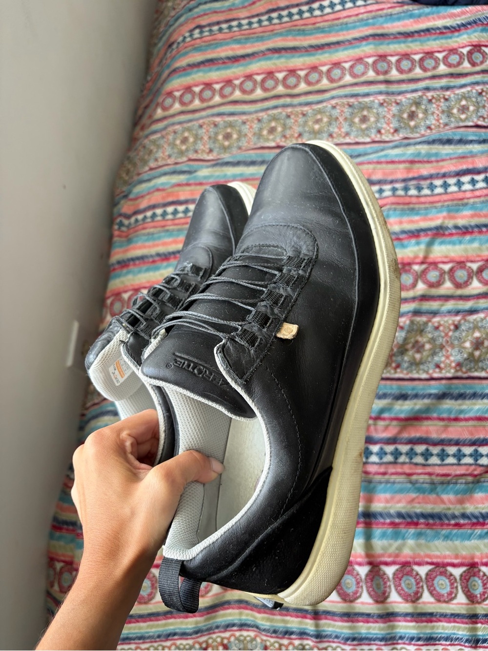 Men's Black Leather Casual Sneakers with Cream Sole